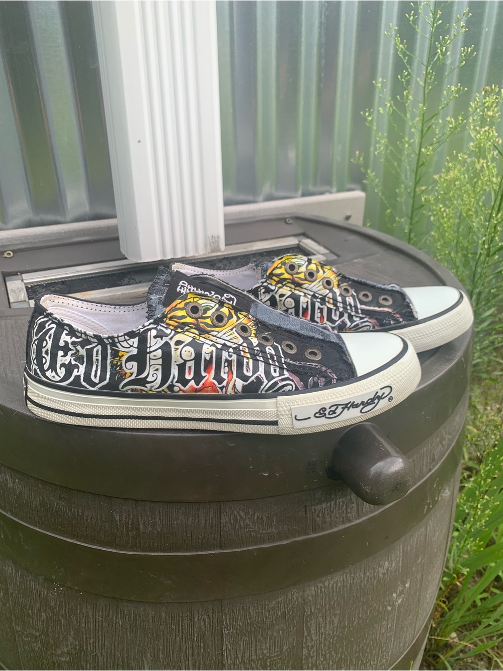Ed Hardy Black Low Top Sneakers with Tiger Graphics